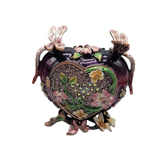 Heart Trinket Box Purple Enamel Pave Rhinestone Acccent Flowers Dragonflies - Picture 4 of 16